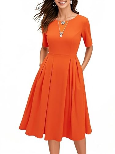 oxiuly Vintage Women Winter Half Sleeve Vintage Dresses 2024 Trendy Elegant Midi Formal Ladies for Mother Teacher's Gift Novelty Dresses OX165 Orange 5F XXL - Image 1
