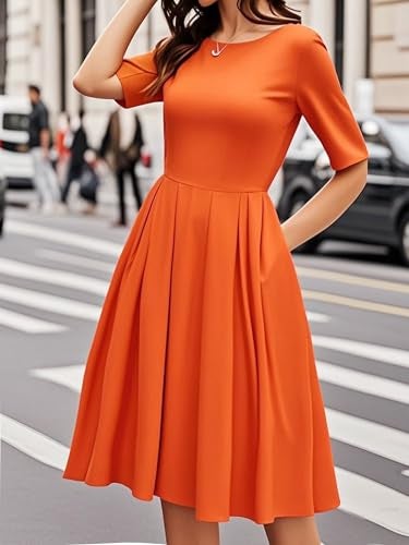 oxiuly Vintage Women Winter Half Sleeve Vintage Dresses 2024 Trendy Elegant Midi Formal Ladies for Mother Teacher's Gift Novelty Dresses OX165 Orange 5F XXL - Image 4