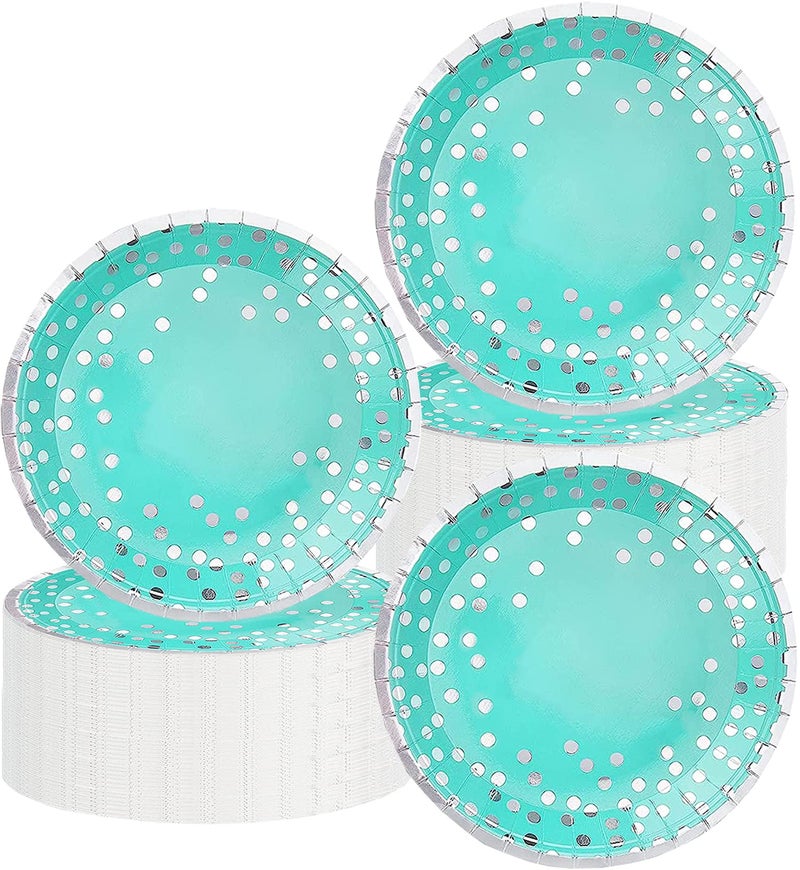 HSPAIDYP 50 Pcs Teal  Silver Party Supplies  9 Teal  Blue Dot Paper Plates for Baby Showers Engagements Weddings  More