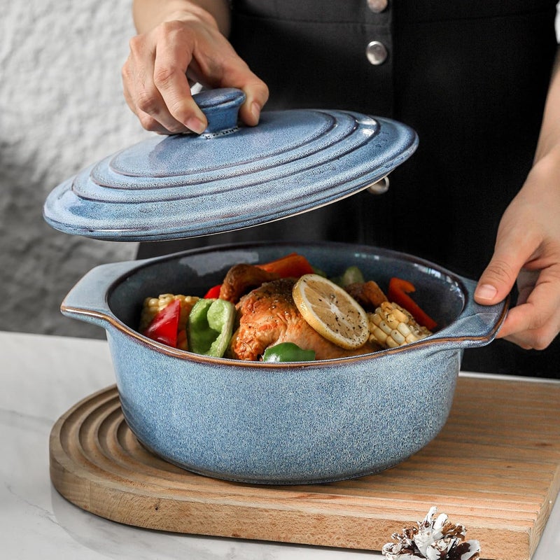 HVH Ceramic Round Baking Dish Set 2 Quart 9 Inches Oven Safe with Lid Deep Casserole Dishes for Dinner Party Wabi Sabi - Image 2