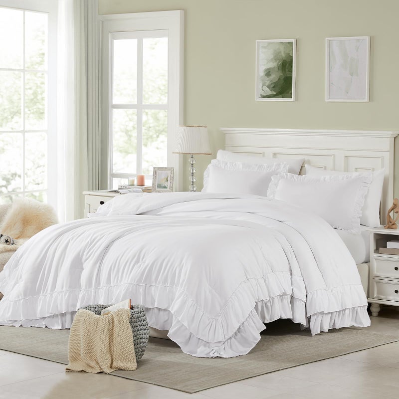 Cupocupa White Ruffle King Size Comforter Set; Shabby Chic Bedding Farmhouse Rustic 3 Pcs Bedding Ultra Soft Fluffy Washed Vintage Solid Boho Lightweight Off White Bed Set for All Seasons - Image 1