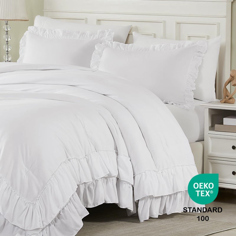 Cupocupa White Ruffle King Size Comforter Set; Shabby Chic Bedding Farmhouse Rustic 3 Pcs Bedding Ultra Soft Fluffy Washed Vintage Solid Boho Lightweight Off White Bed Set for All Seasons - Image 4