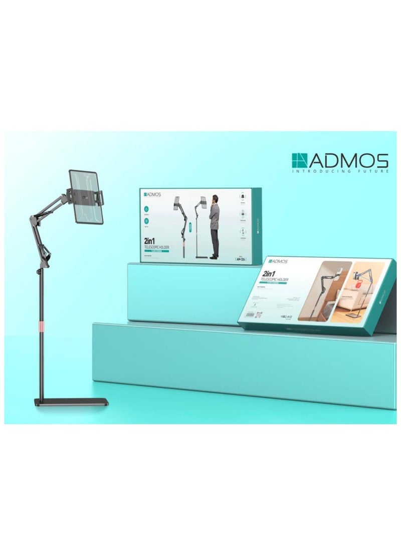 2 in 1 Tablet Stand Holder Height Adjustable for Bed Desk Phone Stand Holder Floor Stand for 12-25 cm iPad, most iPhone and Android phone, E-Readers or Other Devices