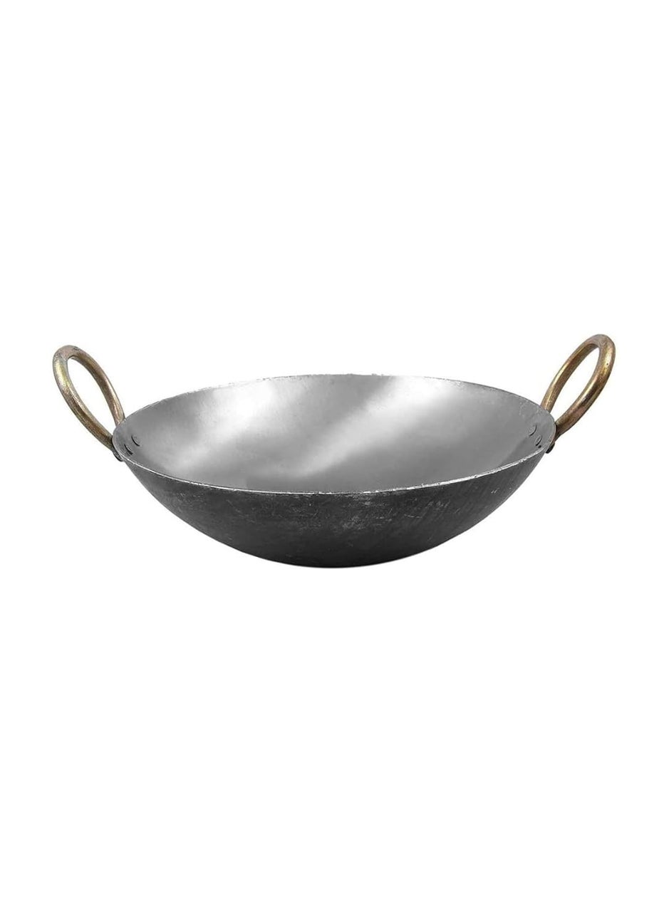 AS A S Pure Iron Traditional Iron deep KadaiFrying Pan for Cooking Iron Fry KadhaiPan Heavy Base Iron Kadhai Handmade pan LohaLokhandLokhandi Kitchen with Golden RingsSilver Color 13 inch 33 cm  - Image 1
