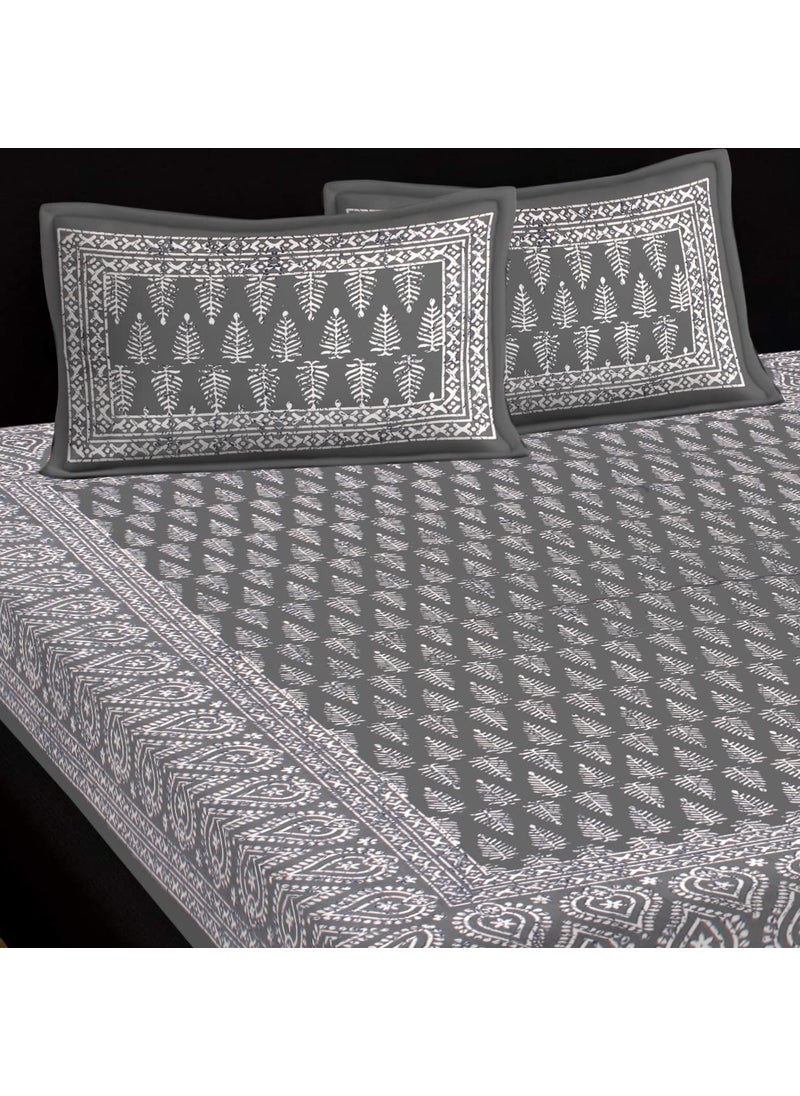 Queenie Queenie Brand Abstract Seamless Geometric 144 TC 100 Cotton Double Bedsheet with 2 Pillow CoversDhabu Grey  - Image 3