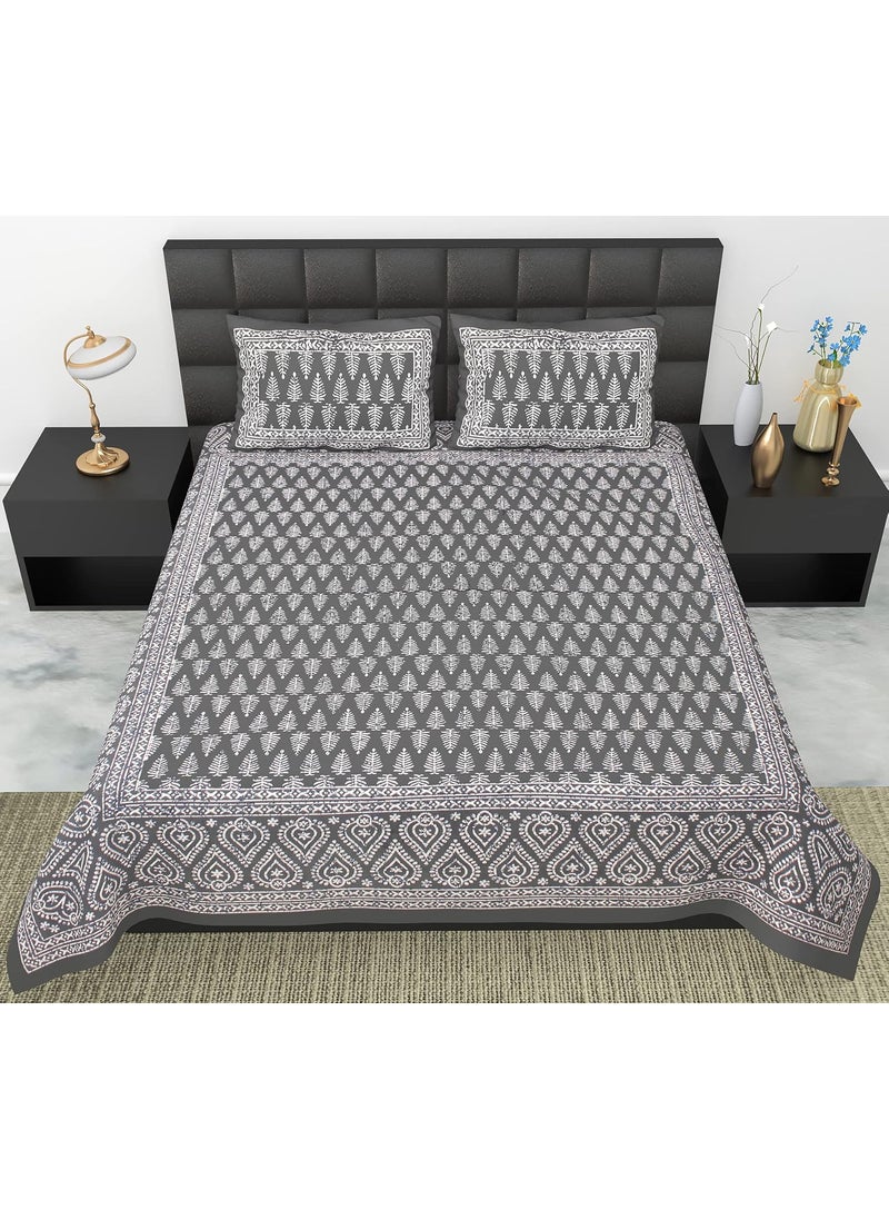 Queenie Queenie Brand Abstract Seamless Geometric 144 TC 100 Cotton Double Bedsheet with 2 Pillow CoversDhabu Grey  - Image 2