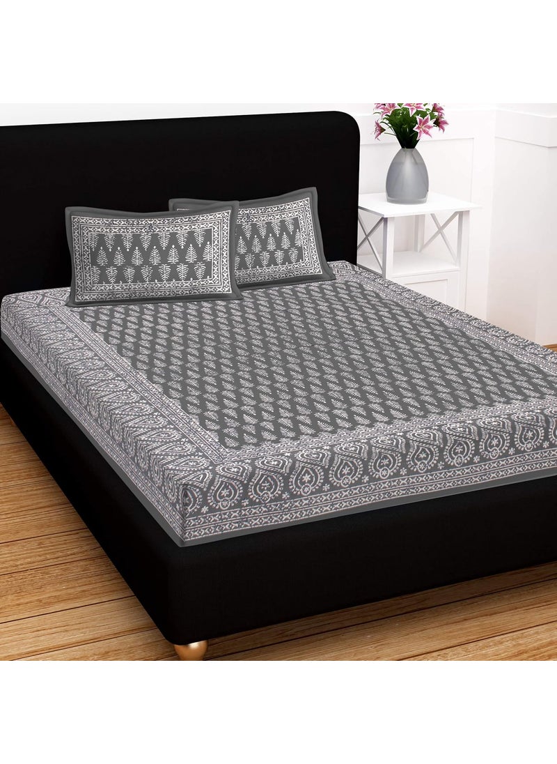 Queenie Queenie Brand Abstract Seamless Geometric 144 TC 100 Cotton Double Bedsheet with 2 Pillow CoversDhabu Grey  - Image 1