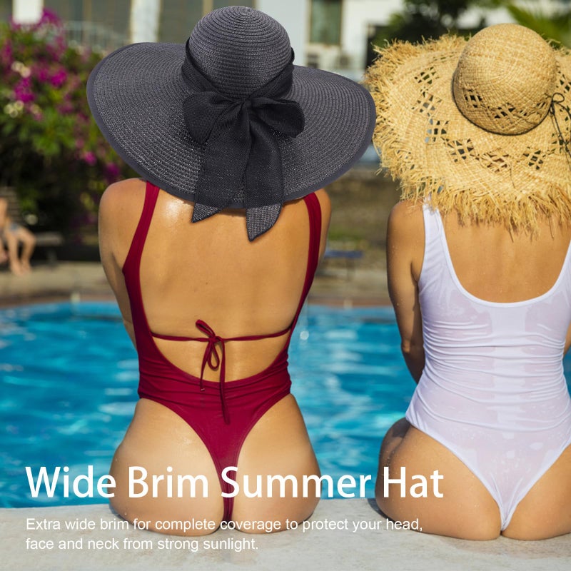DRESHOW Women Wide Brim Bow Straw Hat Floppy Foldable Beach Sun Hat Roll up Cap UPF 50+ - Image 4