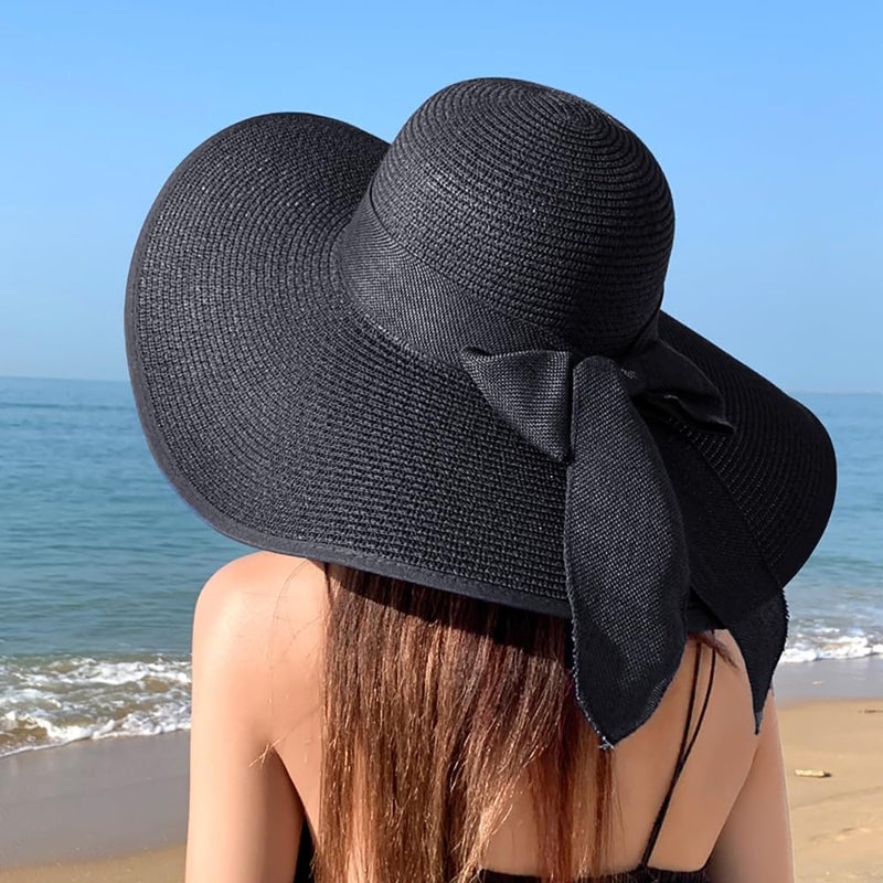 DRESHOW Women Wide Brim Bow Straw Hat Floppy Foldable Beach Sun Hat Roll up Cap UPF 50+ - Image 2