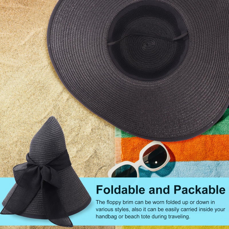 DRESHOW Women Wide Brim Bow Straw Hat Floppy Foldable Beach Sun Hat Roll up Cap UPF 50+ - Image 5
