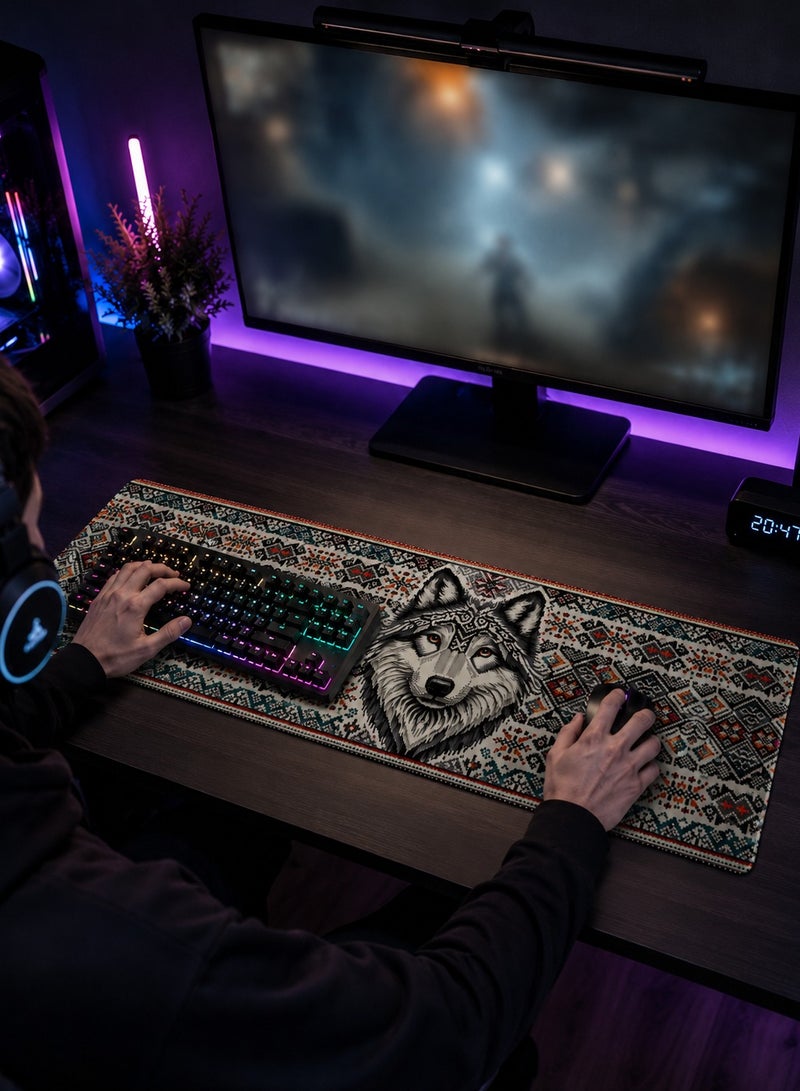ماوس باد قيمينق كبير XL مقاس 900×400 مم بتصميم ذئب، ديسك مات ممتد بسطح ناعم، طبقة مقاومة للماء وقاعدة مطاطية مانعة للانزلاق للكيبورد والماوس ومكاتب الكمبيوتر - Image 2