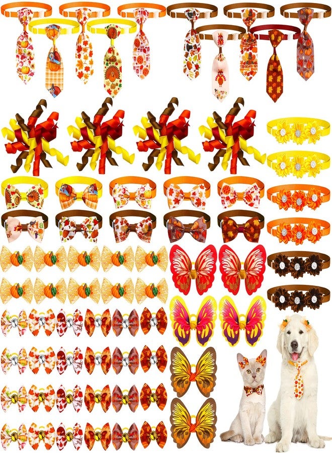 Reginary 70 Pcs Fall Thanksgiving Dog Bow Ties Pet Cat Collars Neckties Set Adjustable Holiday Puppy Neck Tie Holiday Flower Pumpkin Butterfly Turkey Dog Bows Grooming Accessory for Puppy Cat Supply - Image 1
