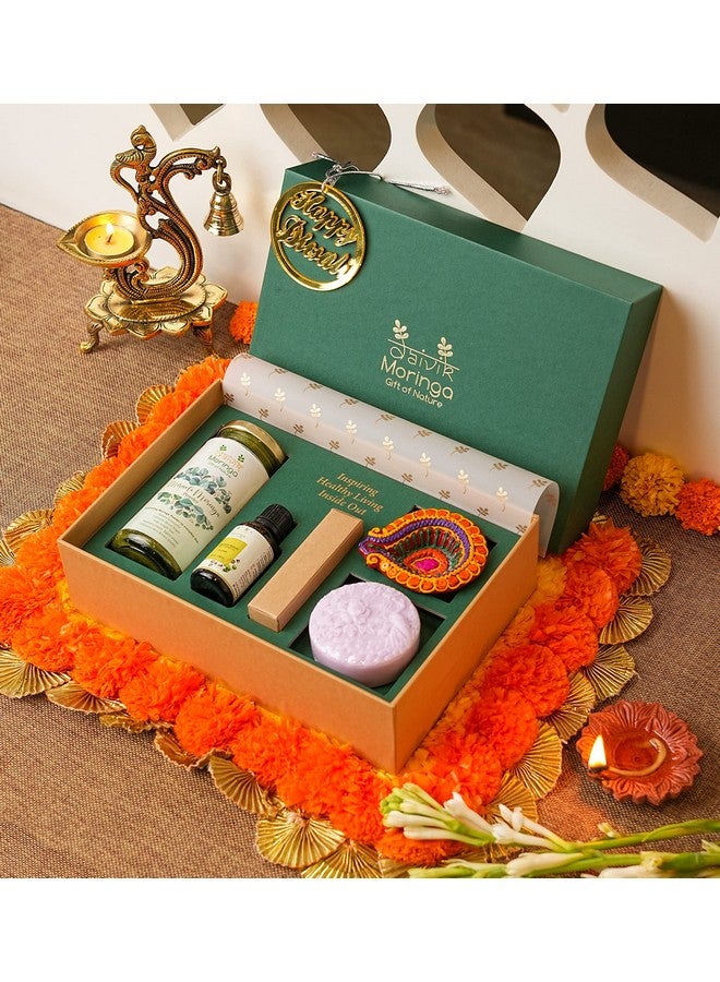 DAIVIK MORINGA GIFT OF NATURE Daivik Moringa Women Beauty Gift Set | Pack Of 4 - Moringa Powder Bottle 120g, Cold Pressed Moringa Seed Oil 30ml, Face & Body Bar With 1 Handmade Diya In Our Signature Gift Box - Image 1