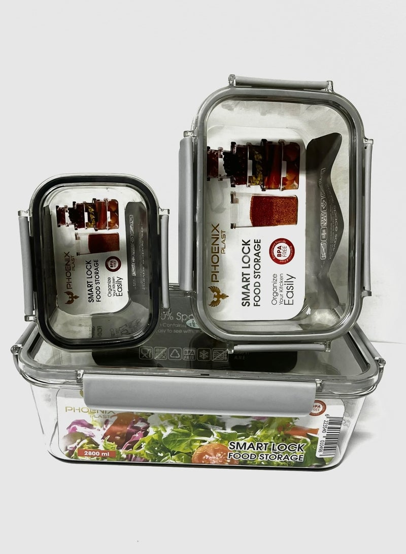 فينيكس حافظة طعام للثلاجة من الأكريليك، مجموعة علب طعام مكونة من 3 قطع مع قفل محكم - جوانب سيليكون شفافة رمادي - Image 2