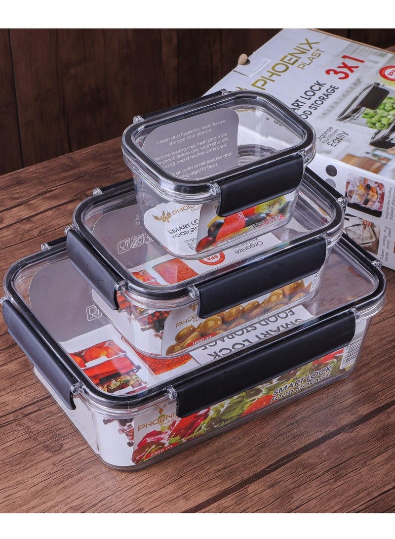 فينيكس حافظة طعام للثلاجة من الأكريليك، مجموعة علب طعام مكونة من 3 قطع مع قفل محكم - جوانب سيليكون شفافة رمادي - Image 3