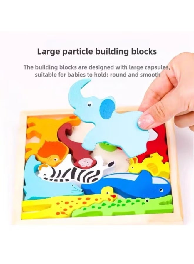 لغز خشبي ثلاثي الأبعاد كرتوني | لعبة تعليمية مونتيسوري بقطع كبيرة للأطفال من عمر 2–5 سنوات | لغز تفاعلي بين الوالدين والطفل (الحيوانات البرية) - Image 3