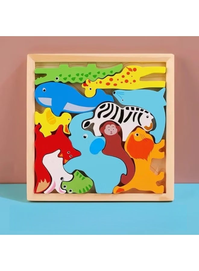 لغز خشبي ثلاثي الأبعاد كرتوني | لعبة تعليمية مونتيسوري بقطع كبيرة للأطفال من عمر 2–5 سنوات | لغز تفاعلي بين الوالدين والطفل (الحيوانات البرية) - Image 1