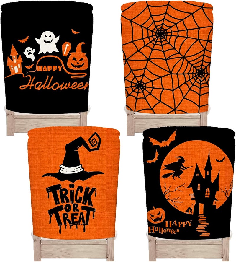 Whaline 4 Pack Happy Halloween Chair Covers Spooky Chair Back Covers Halloween Ghost Witch Bat Dining Room Seat Covers Orange Black Chair Slipcovers for Home Dining Room Kitchen Halloween Party - Image 1
