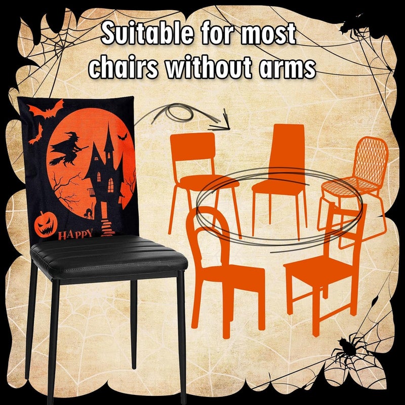 Whaline 4 Pack Happy Halloween Chair Covers Spooky Chair Back Covers Halloween Ghost Witch Bat Dining Room Seat Covers Orange Black Chair Slipcovers for Home Dining Room Kitchen Halloween Party - Image 3