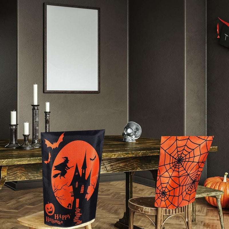 Whaline 4 Pack Happy Halloween Chair Covers Spooky Chair Back Covers Halloween Ghost Witch Bat Dining Room Seat Covers Orange Black Chair Slipcovers for Home Dining Room Kitchen Halloween Party - Image 4