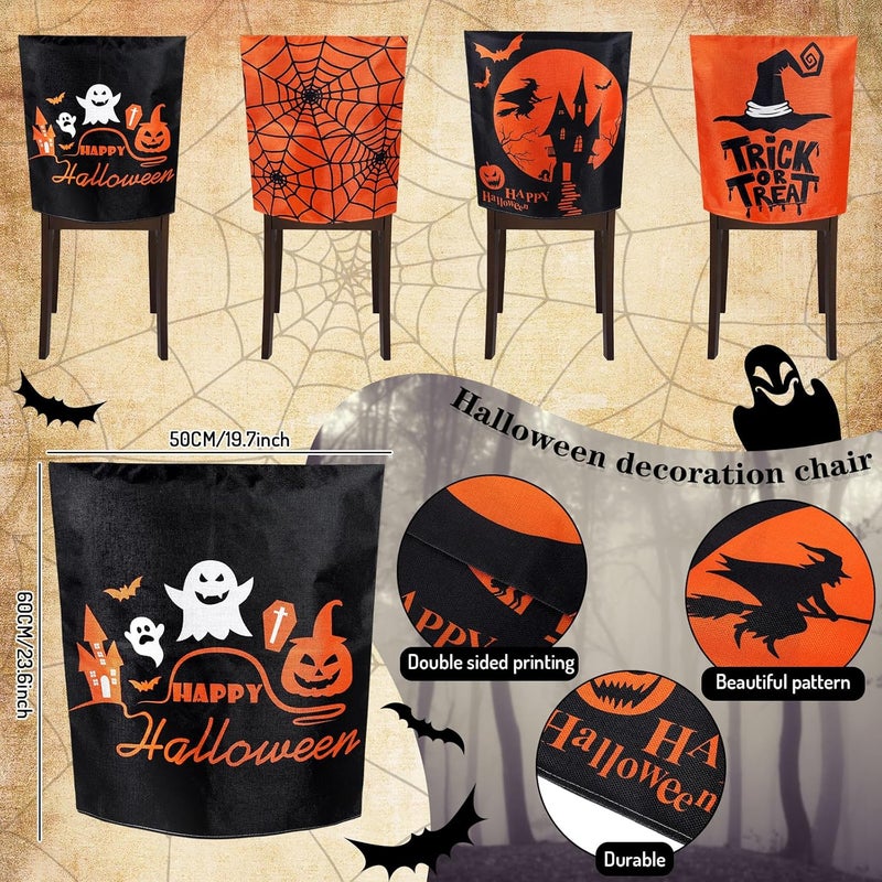 Whaline 4 Pack Happy Halloween Chair Covers Spooky Chair Back Covers Halloween Ghost Witch Bat Dining Room Seat Covers Orange Black Chair Slipcovers for Home Dining Room Kitchen Halloween Party - Image 2