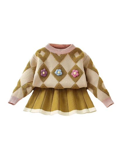 ليتل سربرايز بوكس 2pcs Occur Diamond Floral Cardigan and Skirt Winterwear set for girls