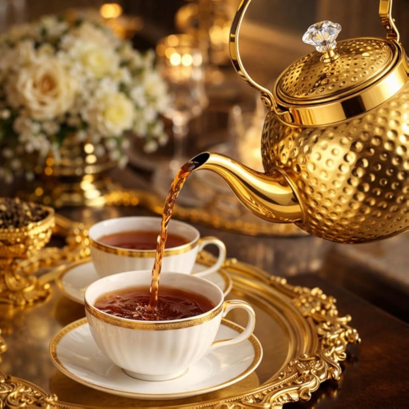إبريق شاي فاخر من الفولاذ المقاوم للصدأ المطلي بالذهب سعة 2 لتر مع مصفاة - غلاية مياه أنيقة بتصميم ماسي للقهوة والشاي، متوافقة مع الغاز والحث، مثالية للتقديم والإهداء.