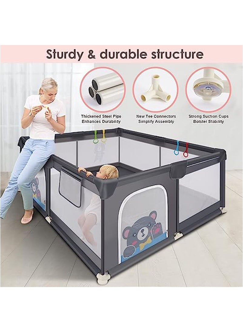 Lovely Baby Baby Playpen with Gate Sturdy Safety Play Yard Indoor Playard for Kids with Soft Breathable Mesh and Anti-Slip Base Grey  - Image 2
