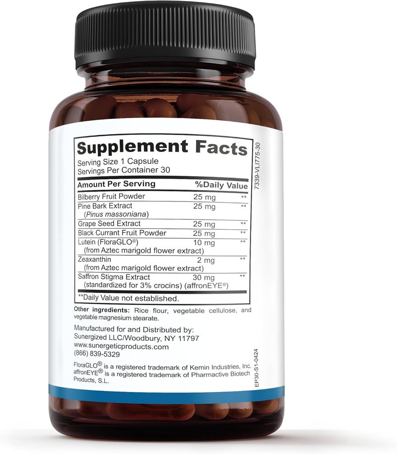 Sunergetic مكمل دعم ضغط العين من سنيرجيتيك - مكمل ضغط العين مع الزعفران واللوتين والزيكسانثين والتوت البري وقشرة الصنوبر - يدعم صحة العين والرؤية العامة - 30 كبسولة - Image 2