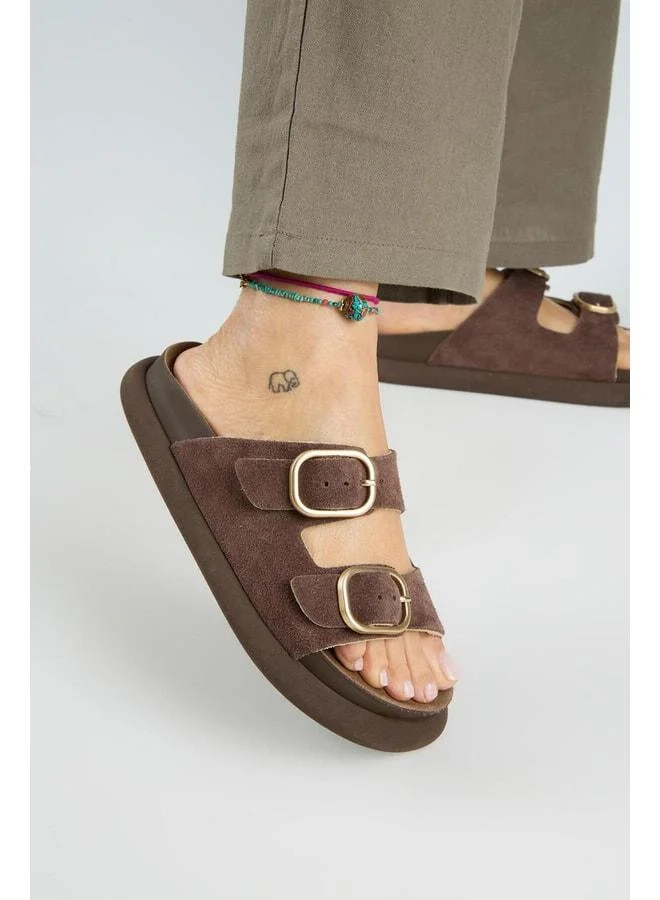 Lavanda Women's Genuine Leather Double Buckle Brown Slippers.