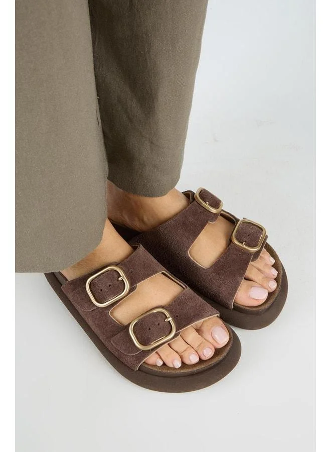 Manijero  Lavanda Women's Genuine Leather Double Buckle Brown Slippers. for Women | Best Price UAE