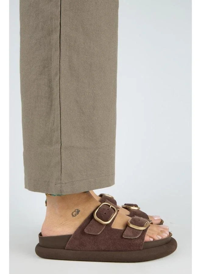 Manijero  Lavanda Women's Genuine Leather Double Buckle Brown Slippers. for Women | Best Price UAE