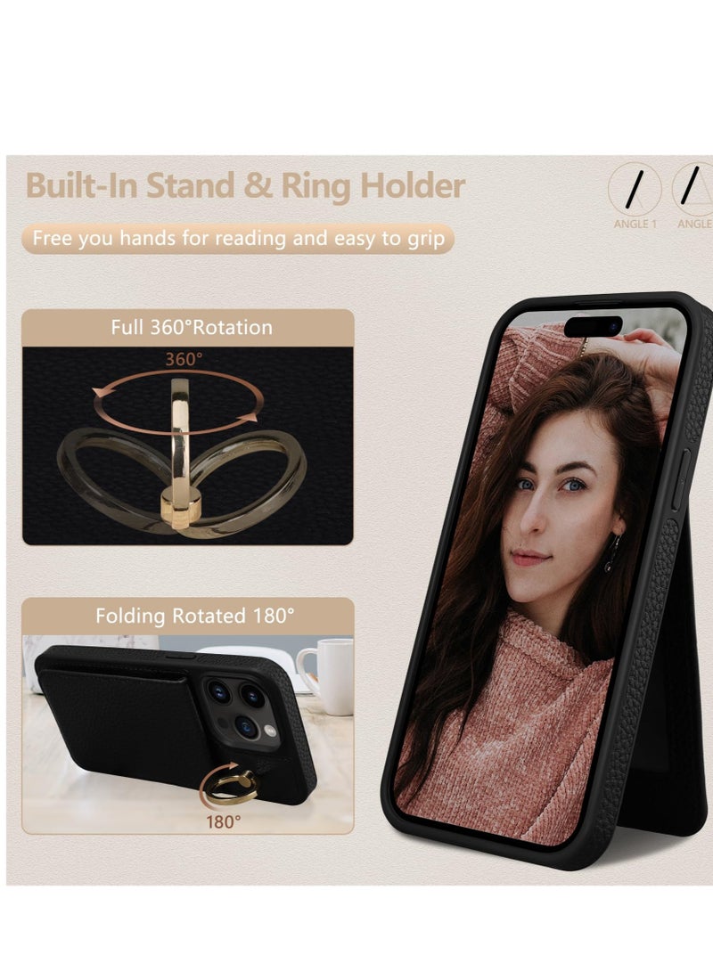 KASTWAVE حافظة كتف لجهاز آيفون 15 برو ماكس مع فتحات بطاقات مانعة لتقنية RFID، حزام قابل للفصل، قاعدة حلقة 360°، حافظة آيفون 15 برو ماكس بطباعة ليتشي (أسود، 6.7'') - Image 5