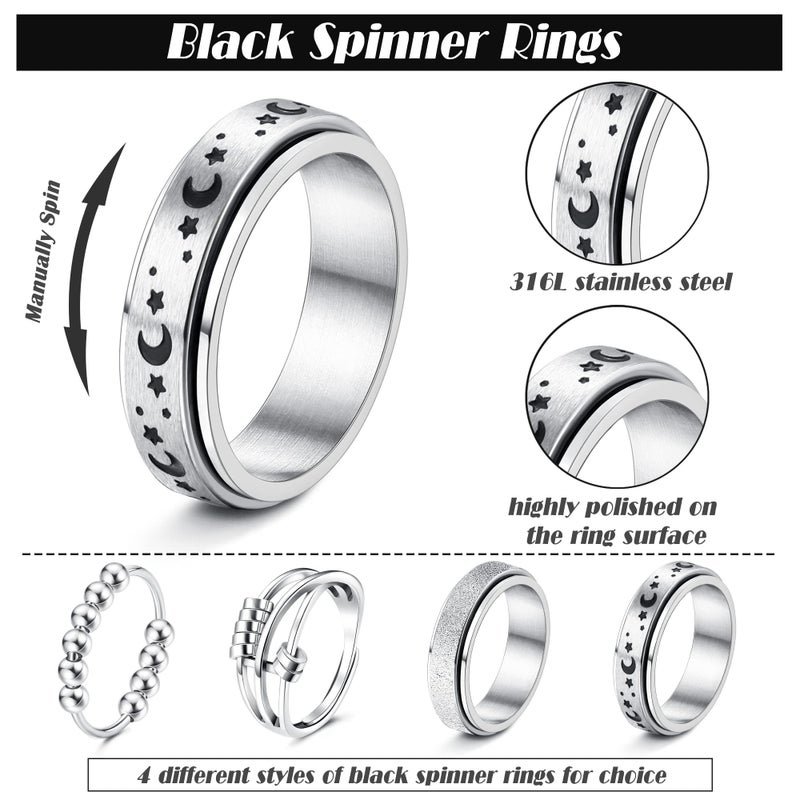 FUNRUN JEWELRY 4Pcs Stainless Steel Fidget Anxiety Ring for Women Men Fidget Spinner Rings Moon Star Celtic Stress Relieving Spinning Ring Wedding Band Rings Set(S8) - Image 2