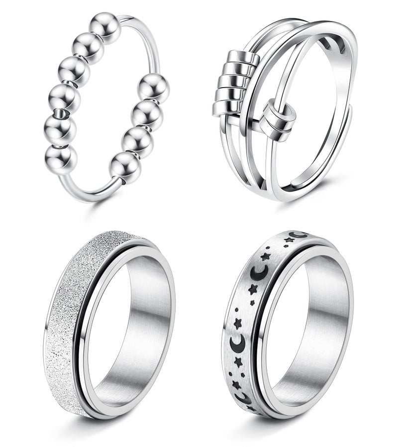 FUNRUN JEWELRY 4Pcs Stainless Steel Fidget Anxiety Ring for Women Men Fidget Spinner Rings Moon Star Celtic Stress Relieving Spinning Ring Wedding Band Rings Set(S8) - Image 1
