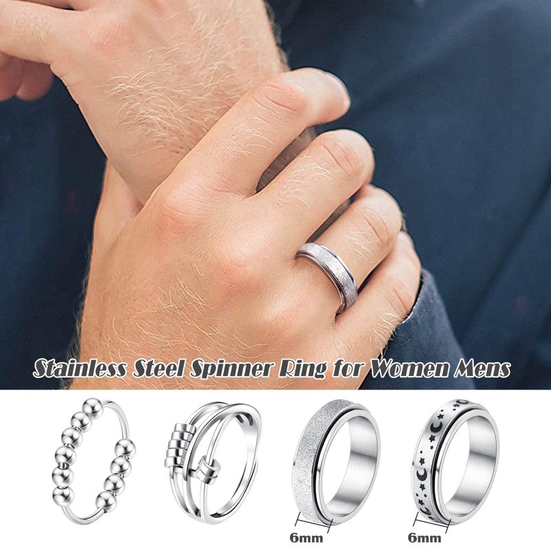 FUNRUN JEWELRY 4Pcs Stainless Steel Fidget Anxiety Ring for Women Men Fidget Spinner Rings Moon Star Celtic Stress Relieving Spinning Ring Wedding Band Rings Set(S8) - Image 3
