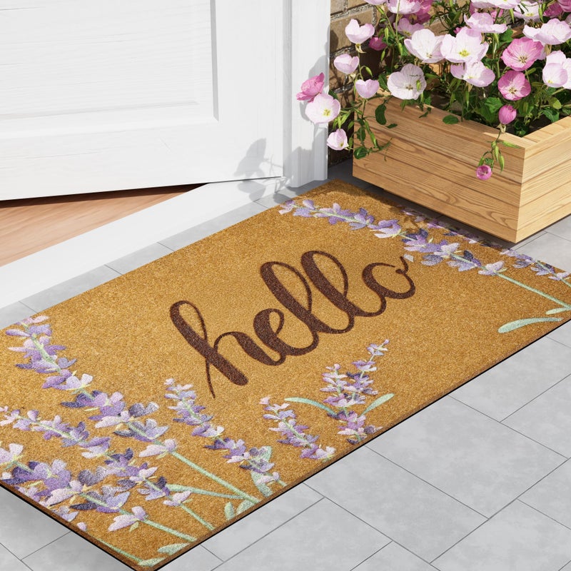 SAKSUN Door Mat Welcome Outdoor Mat: Artificial Coir Doormat for Outdoor Outside Indoor Entrance - Front Door Mat Non-Slip Backing Durable Fall Mat for Home Porch Entryway Floor (Hello Floral, 17"x 30") - Image 1