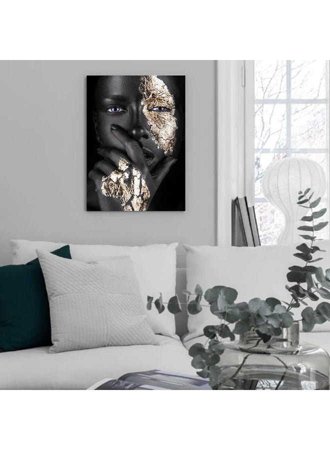 HYFBH Black Woman Wall Art African American Wall Art Canvas Framed Black and Gold Women Portrait Canvas Print Artwork Black Art Wall Decor African Decorations for Living Room 12”x16” - Image 2