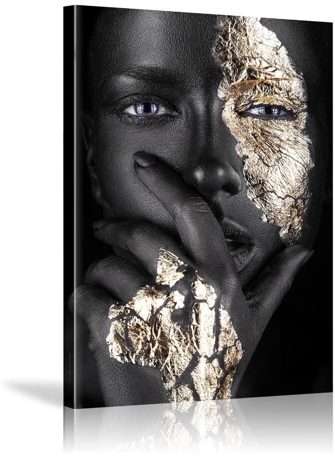 HYFBH Black Woman Wall Art African American Wall Art Canvas Framed Black and Gold Women Portrait Canvas Print Artwork Black Art Wall Decor African Decorations for Living Room 12”x16” - Image 1