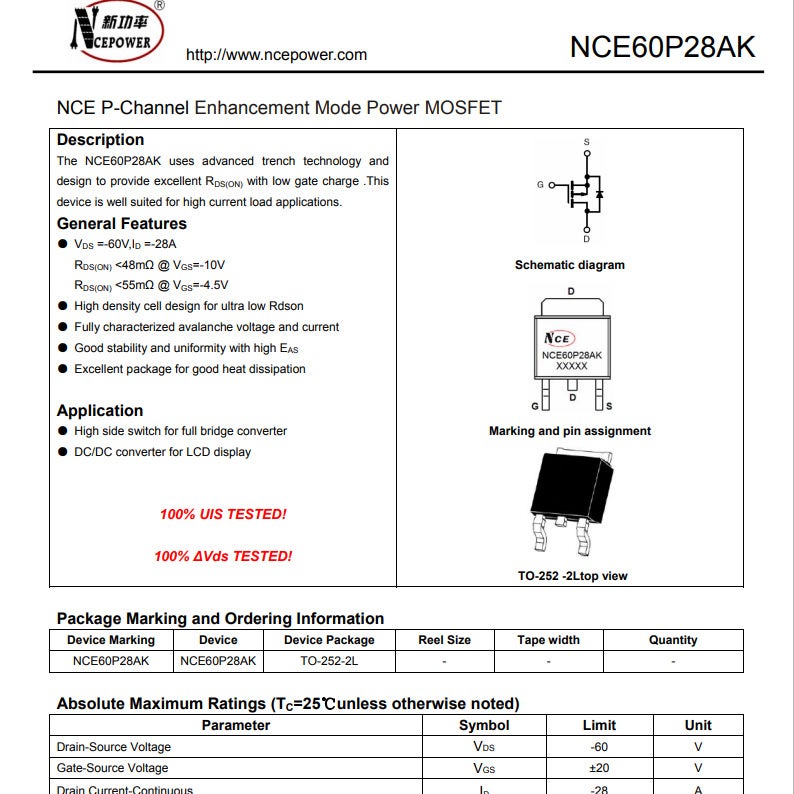 NCE60P28AK TO-252 -60V-28A FET New Clean Energy Original genuine goods P-Channel MOS Tube - Image 2