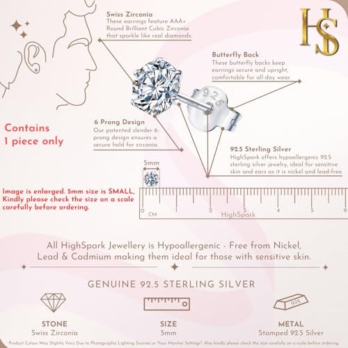 HIGHSPARK 925 Silver Solitaire Stud Earring | 92.5 Sterling Silver & Diamond Like Brilliance Zirconia Top | Single Stud for Men | 5mm - Image 2