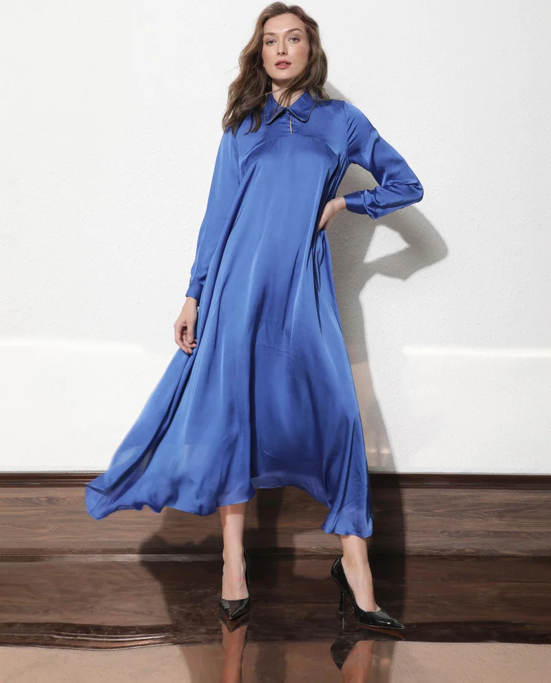 ريريزم Rareism Women Galaxy Blue Shirt Collar Neck Full Sleeves With Back Zip Closure Satin Maxi Dress