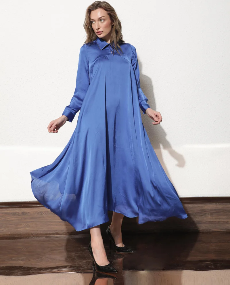 ريريزم Rareism Women Galaxy Blue Shirt Collar Neck Full Sleeves With Back Zip Closure Satin Maxi Dress