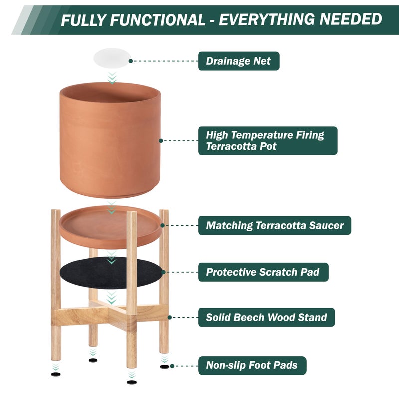 D'vine Dev Terracotta Planter with Natural Stand - 8 Inch Modern Round Flower Pot with Wood Planter Holder, Terracotta, 55-B-N-5 - Image 5