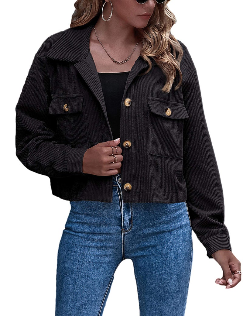 Gihuo Womens Fashion Cropped Shacket Button Down Corduroy Shacket Jackets Casual Plaid Long Sleeve Crop Jackets TopsBlackM
