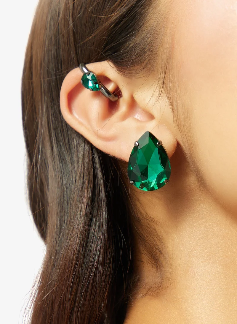 Khizana Emerald Embellished Detail Ear Cuff And Earring Stud