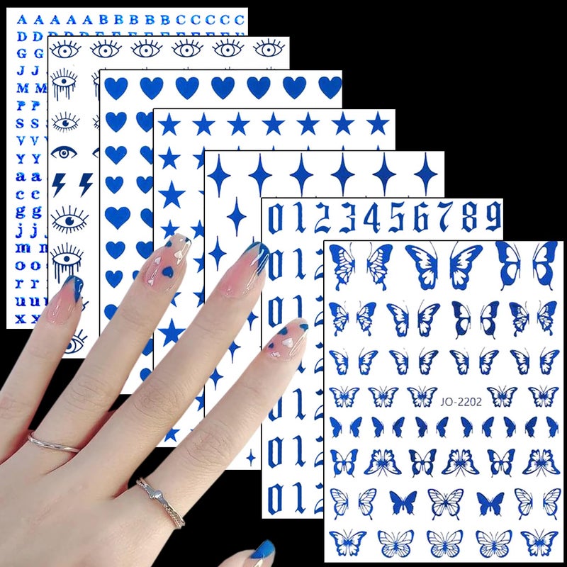 7 Sheets Blue Nail Art Stickers 3D Geometry Nail Transfer Decals Butterfly Heart Letters Numbers Stars Eyes Nail SelfAdhesive Sticker Design for Women Girls Manicure Charms Decorations