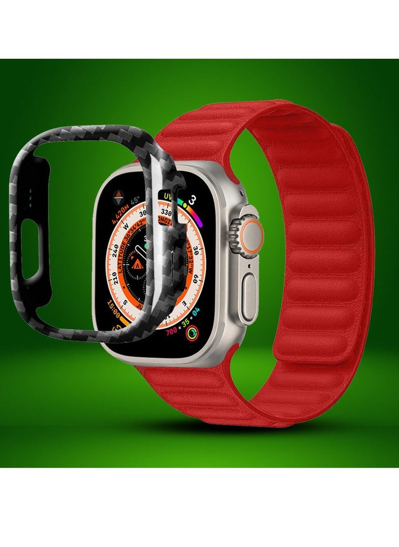 CATANES - 2 Packs For Apple Watch Band 49mm Leather Link Strap Magnetic Loop Bracelet and Carbon Fiber Case Holder Red - Image 1