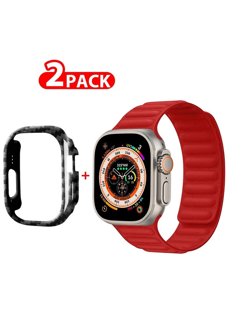 CATANES - 2 Packs For Apple Watch Band 49mm Leather Link Strap Magnetic Loop Bracelet and Carbon Fiber Case Holder Red - Image 1