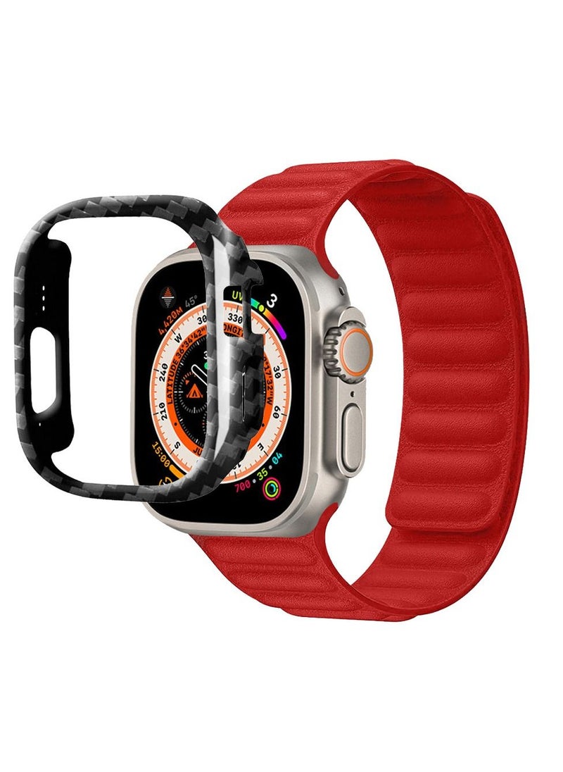 CATANES - 2 Packs For Apple Watch Band 49mm Leather Link Strap Magnetic Loop Bracelet and Carbon Fiber Case Holder Red - Image 1